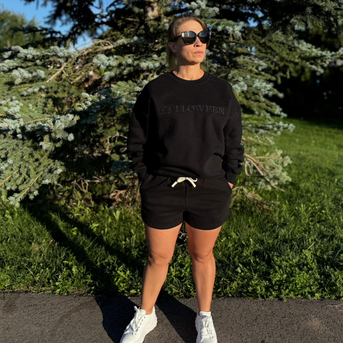 Halloween Embroidered Black Fleeced Crewneck