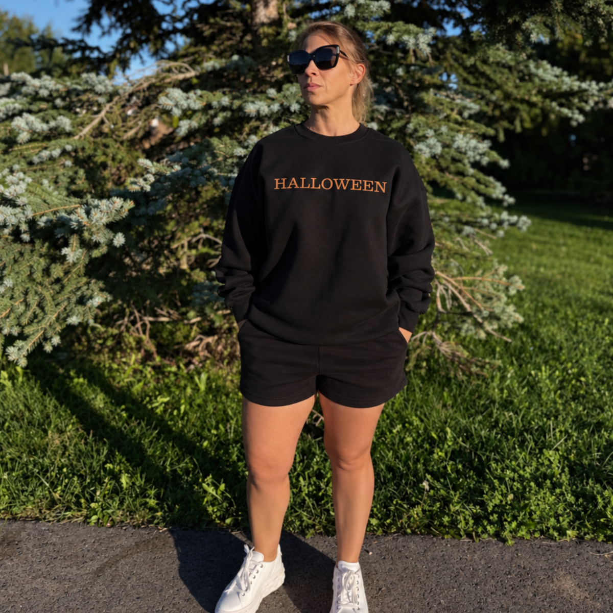 Halloween Embroidered Orange Fleeced Crewneck