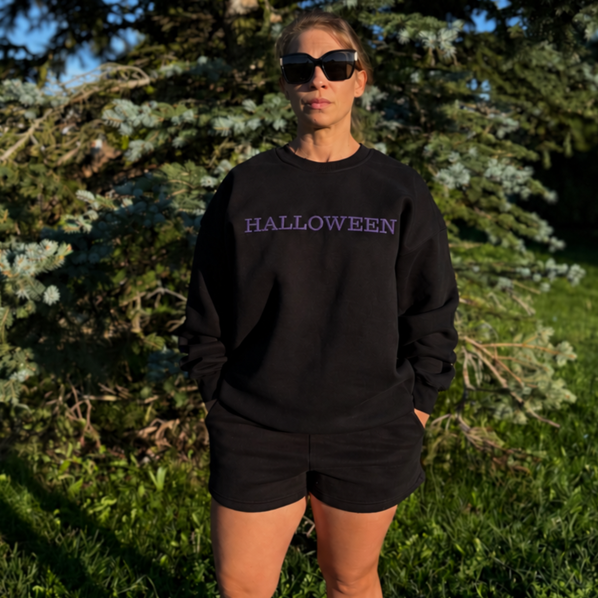 Halloween Embroidered Purple Fleeced Crewneck